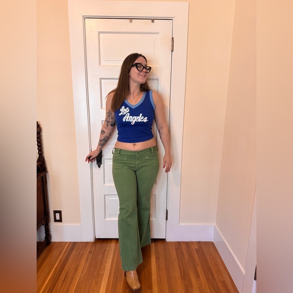 vintage Denim - 70s Vintage Snap Fly Low Waist Flared Green Jeans Sz M